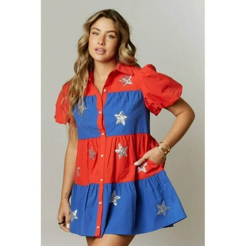 Star Spangled Sparkle Poplin Tiered Dress - Picture 3 of 8